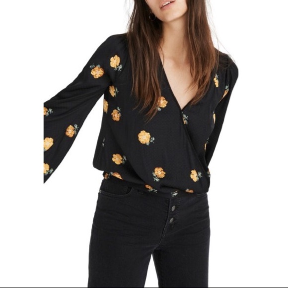 Madewell Tops - Madewell Wrap Top Black Floral Bubble Sleeve NWT